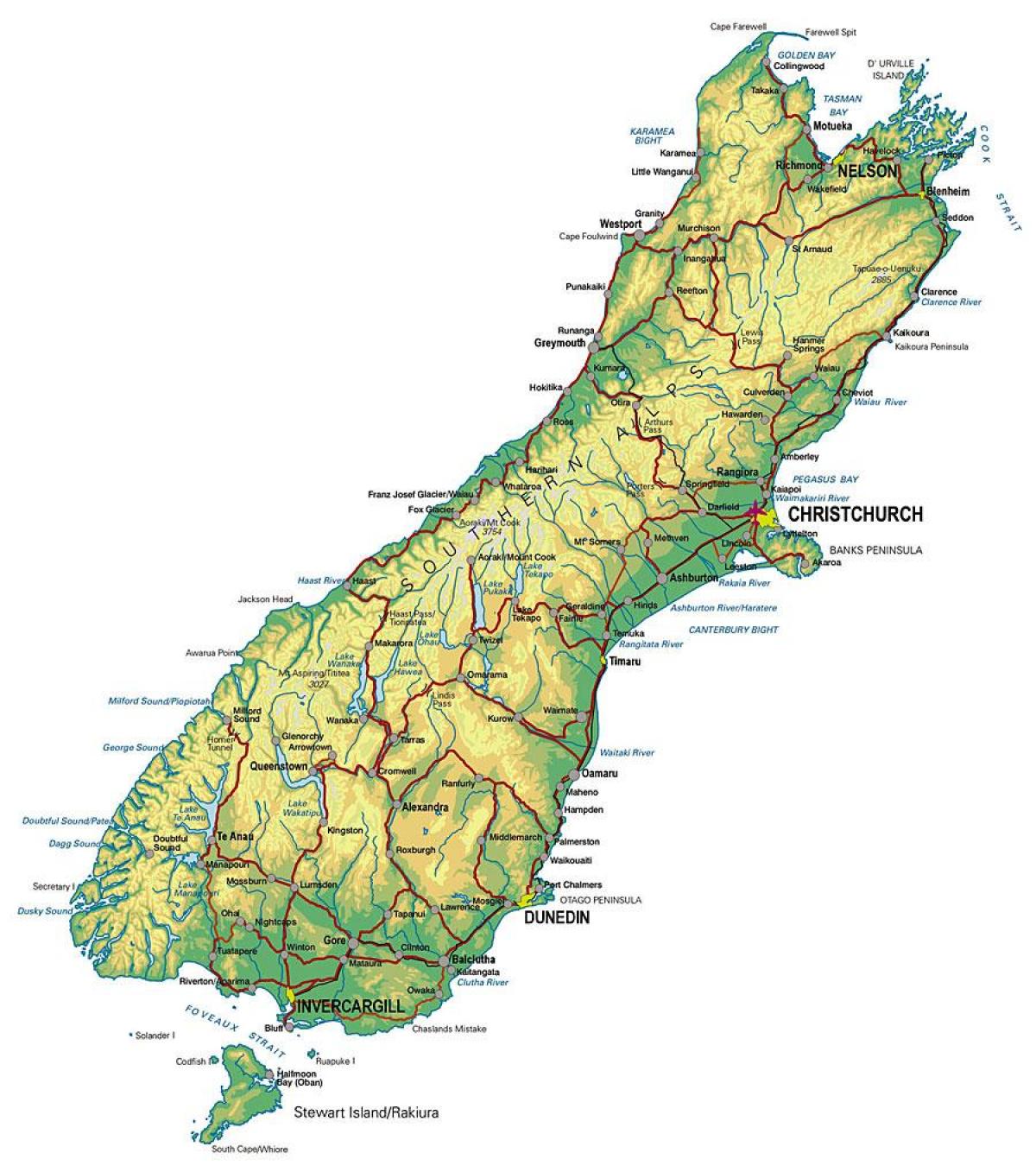 քարտեզ Հարավային Նոր Զելանդիայում