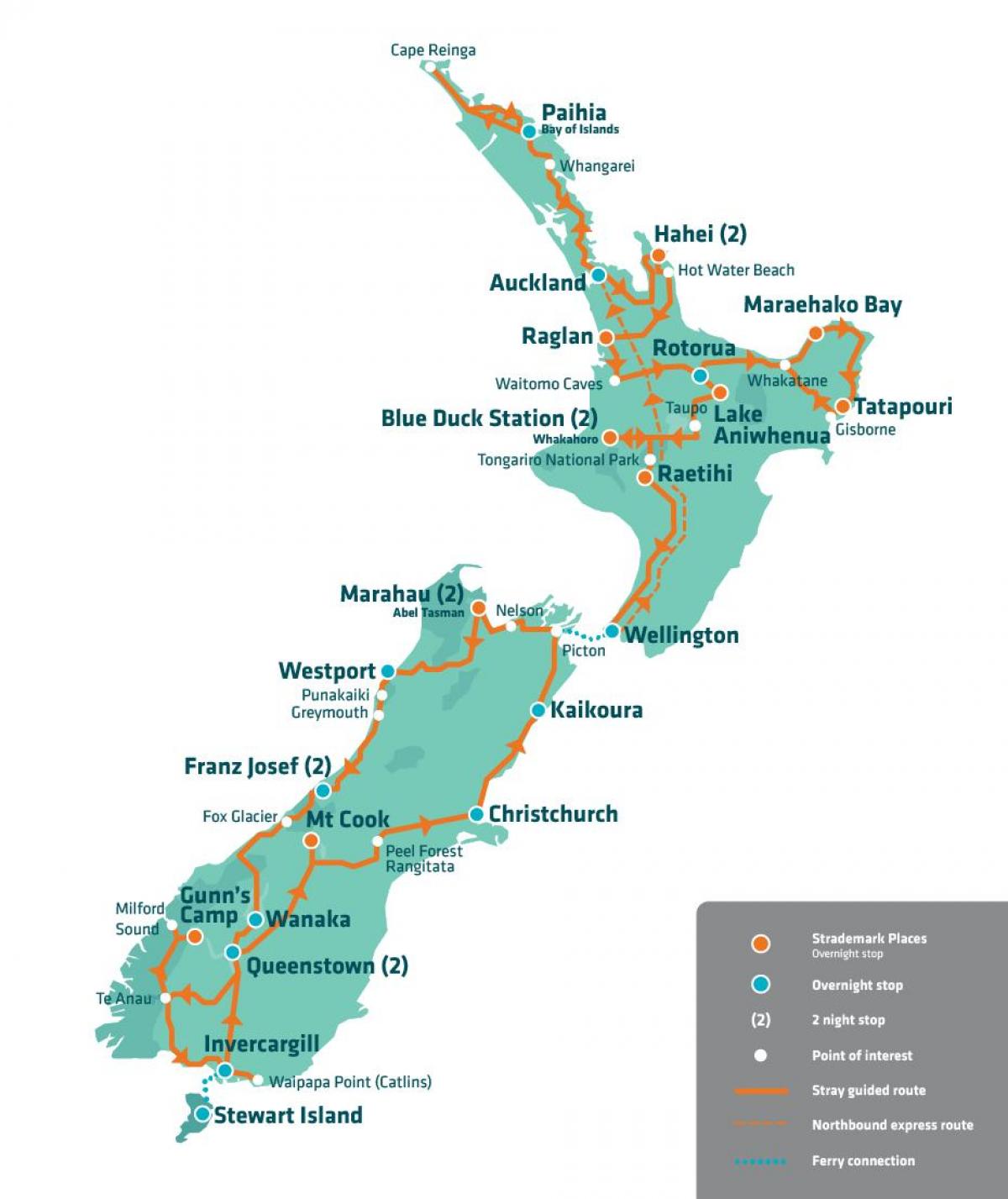 Նոր Զելանդիա տեսարժան վայրերը քարտեզի վրա
