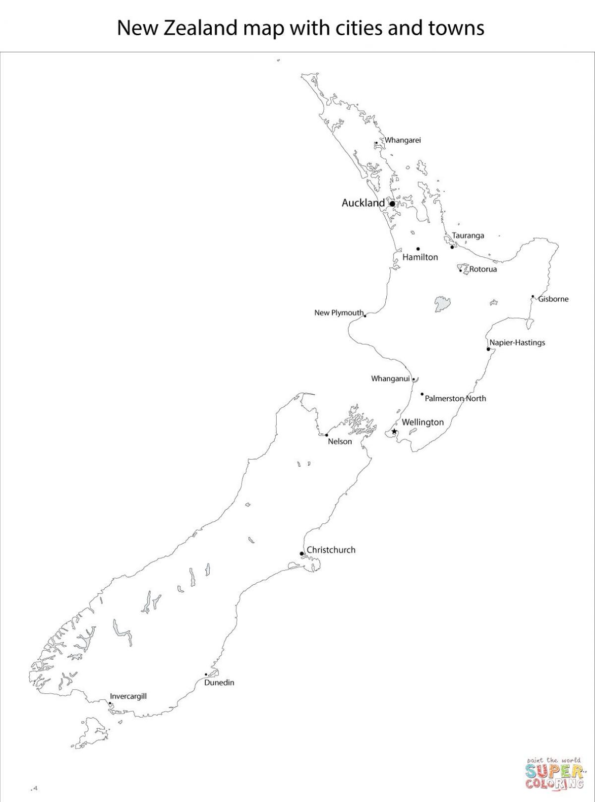 Նոր Զելանդիա քարտեզ քաղաքների հետ